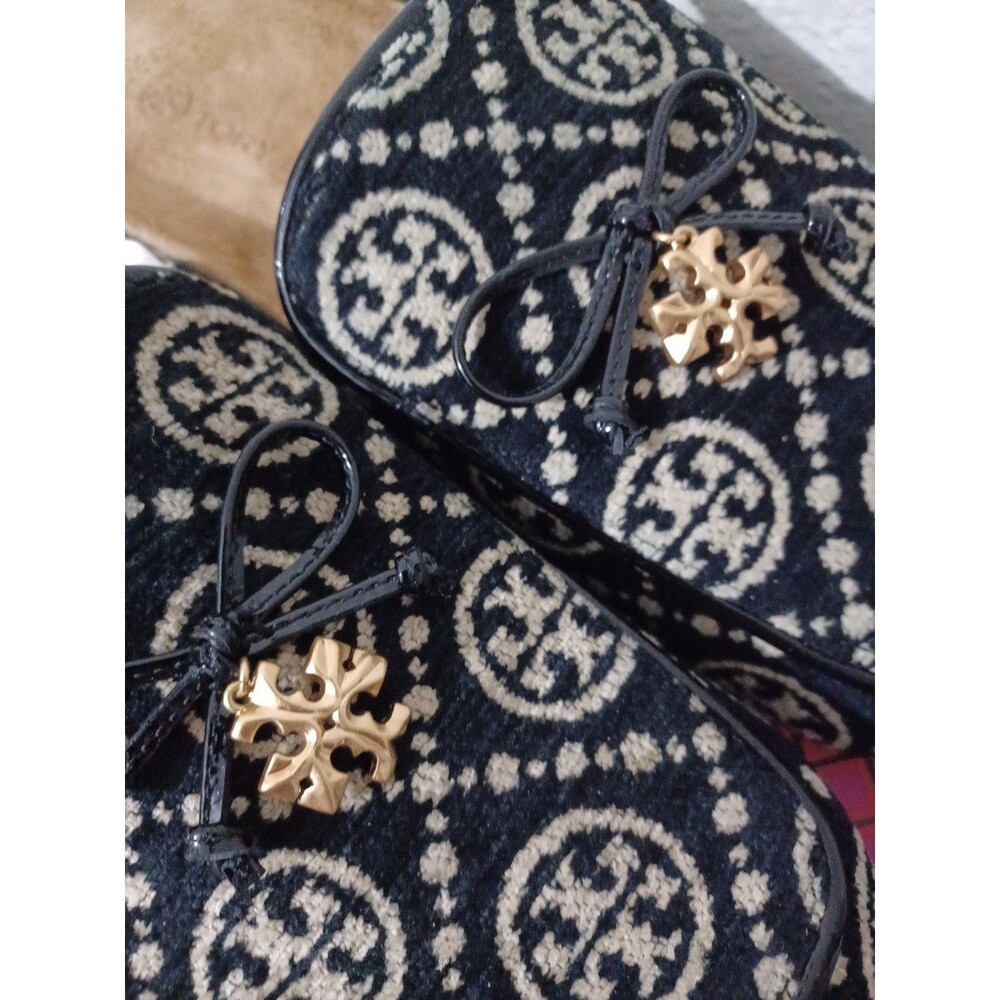 Tory Burch T Monogrammed Tory Charm Mules Clogs Size 9 Black Cream New In Box - Picture 3 of 10
